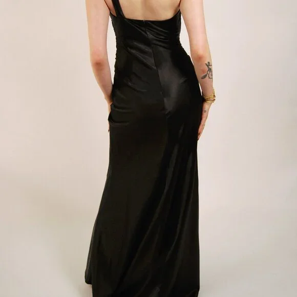 Y2K Prom Gown (S) vintage black ruched open back dress small maxi rhinestone 90s - Picture 4 of 8